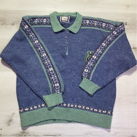 Vintage Gina Peters Henley Wool Blend Indian Blanket Sweater, Est. Sz Med-Large - Picture 2 of 7